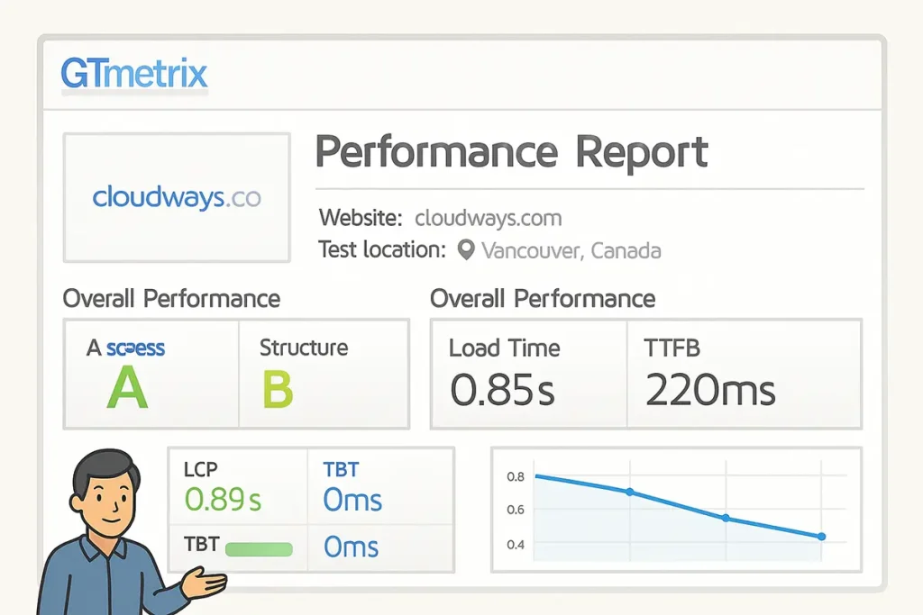 Cloudways page load times around 0.85 seconds on GTmetrix,
