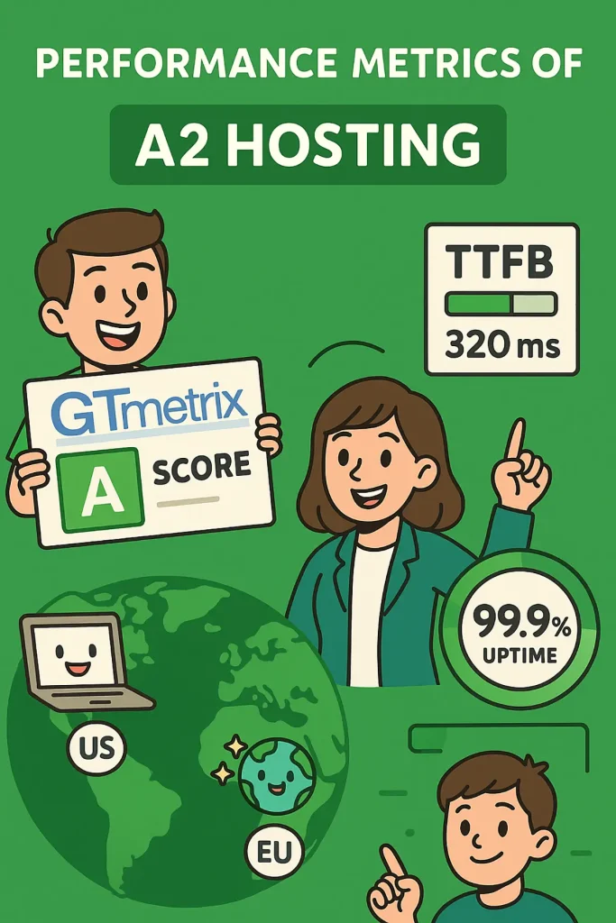 GTmetrix and TTFB benchmarks comparing A2 Hosting, SiteGround, and Bluehost in 2025 speed tests
