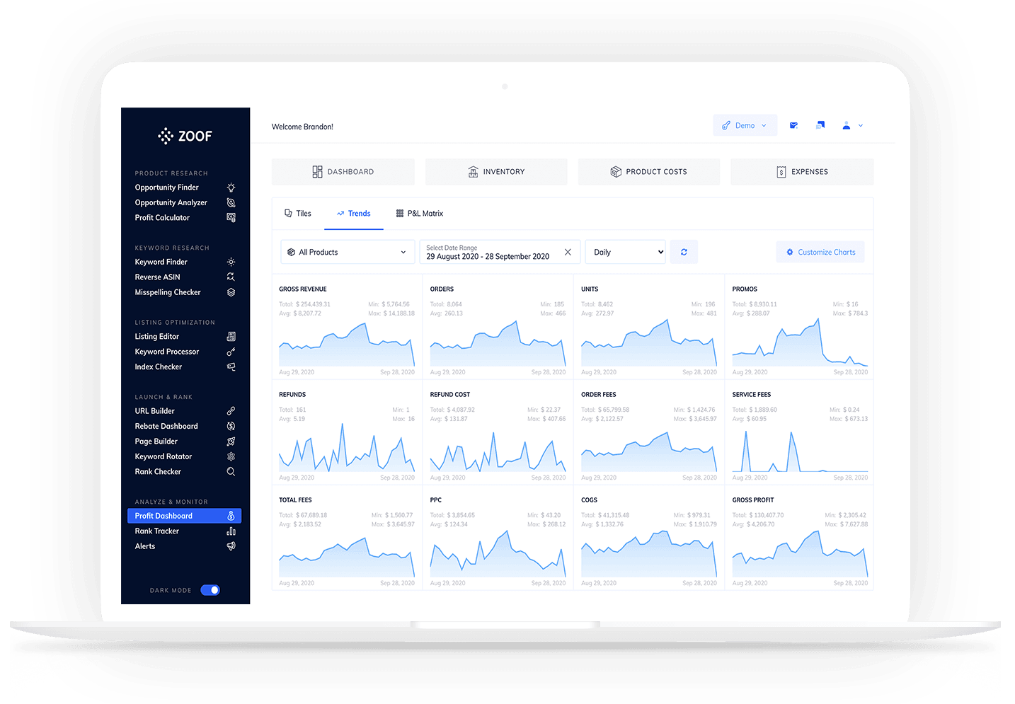 Amazing Intelligence software dashboard shown on a laptop mockup, with analytics charts and navigation links.
