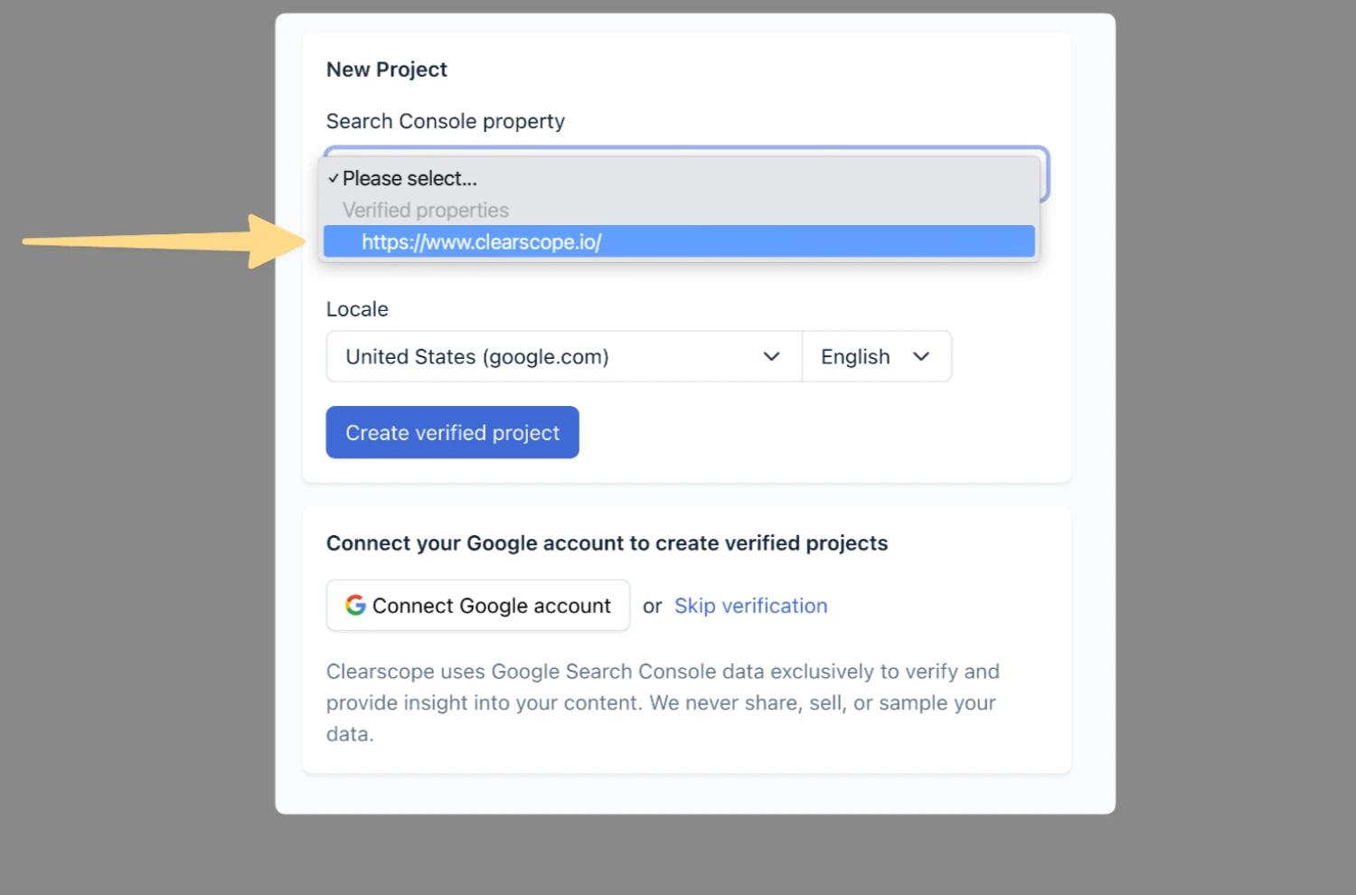 Clearscope setup screen for connecting a Google Search Console property to monitor content inventory