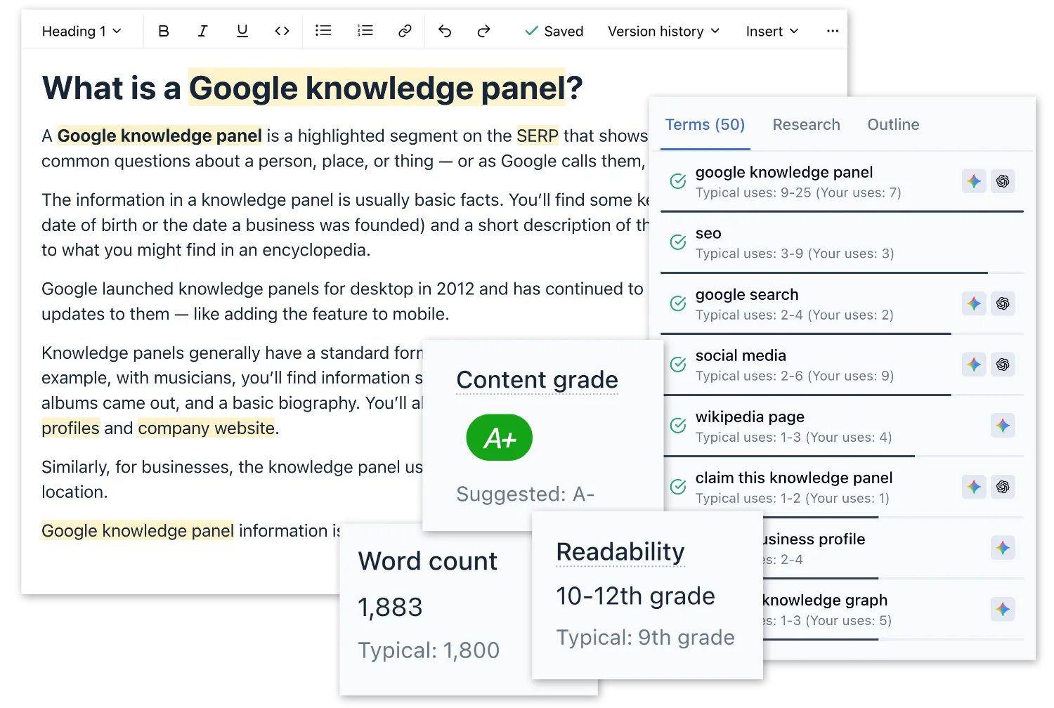 Clearscope optimization screen showing a content grade, word count and readability panels, and a list of suggested terms
