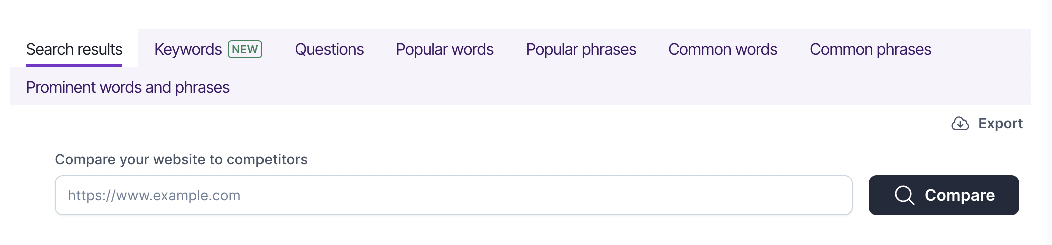 Surfer SERP Analyzer screen showing tabs like Keywords and Questions with a compare URL field