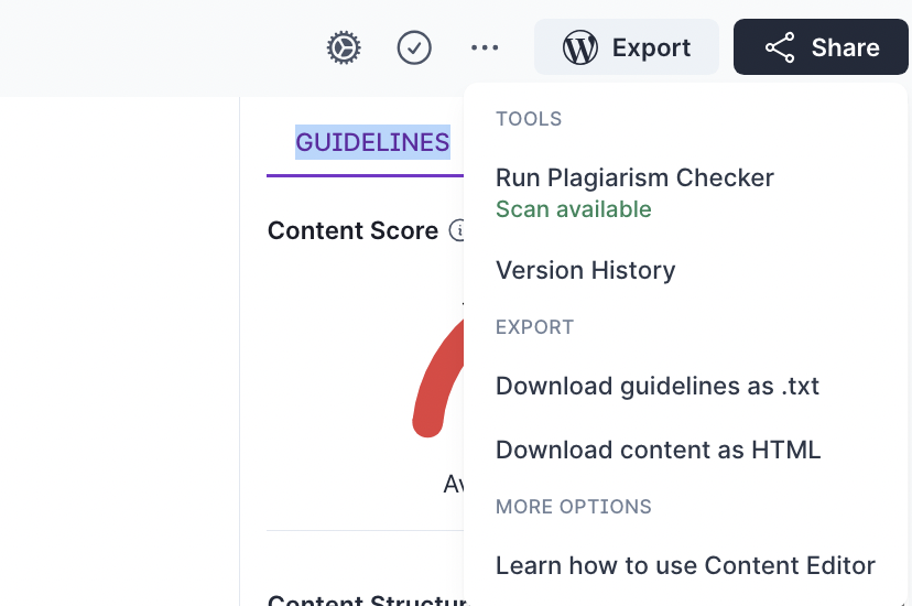Surfer SEO content editor menu showing tools like Run Plagiarism Checker and export options