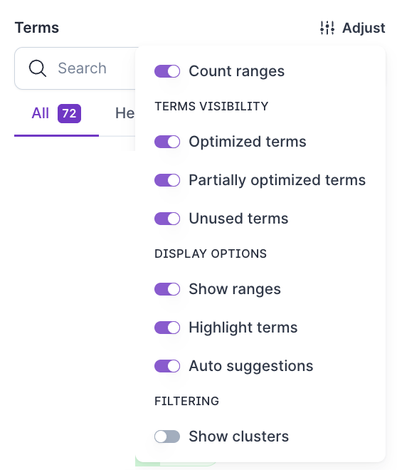 Surfer optimization settings panel showing toggles for count ranges, optimized terms, and auto suggestions