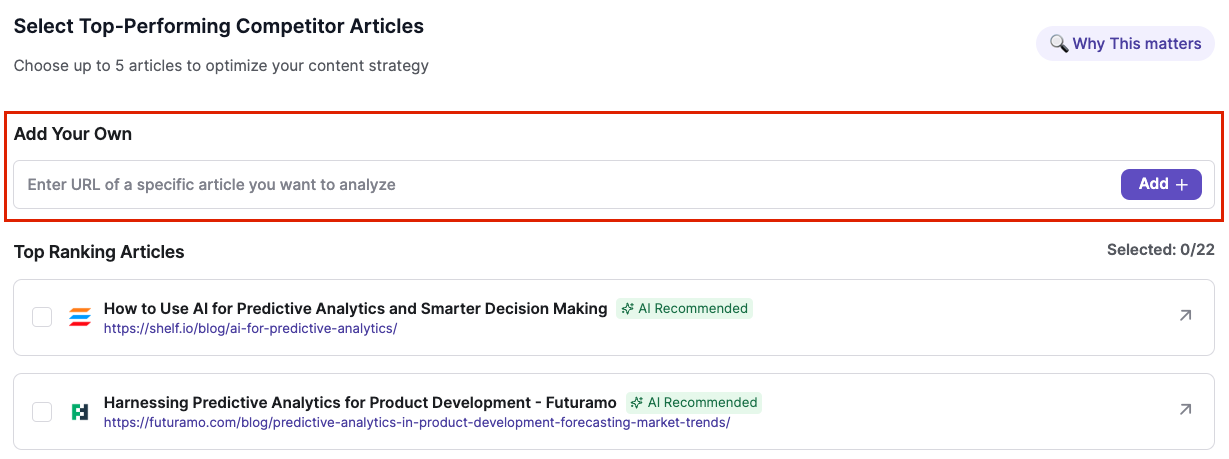 Writesonic screen for selecting top-performing competitor articles, with an Add URL field and a list of references
