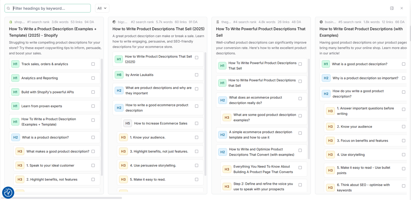 Frase interface showing multiple competitor outlines side-by-side for research-based outlining