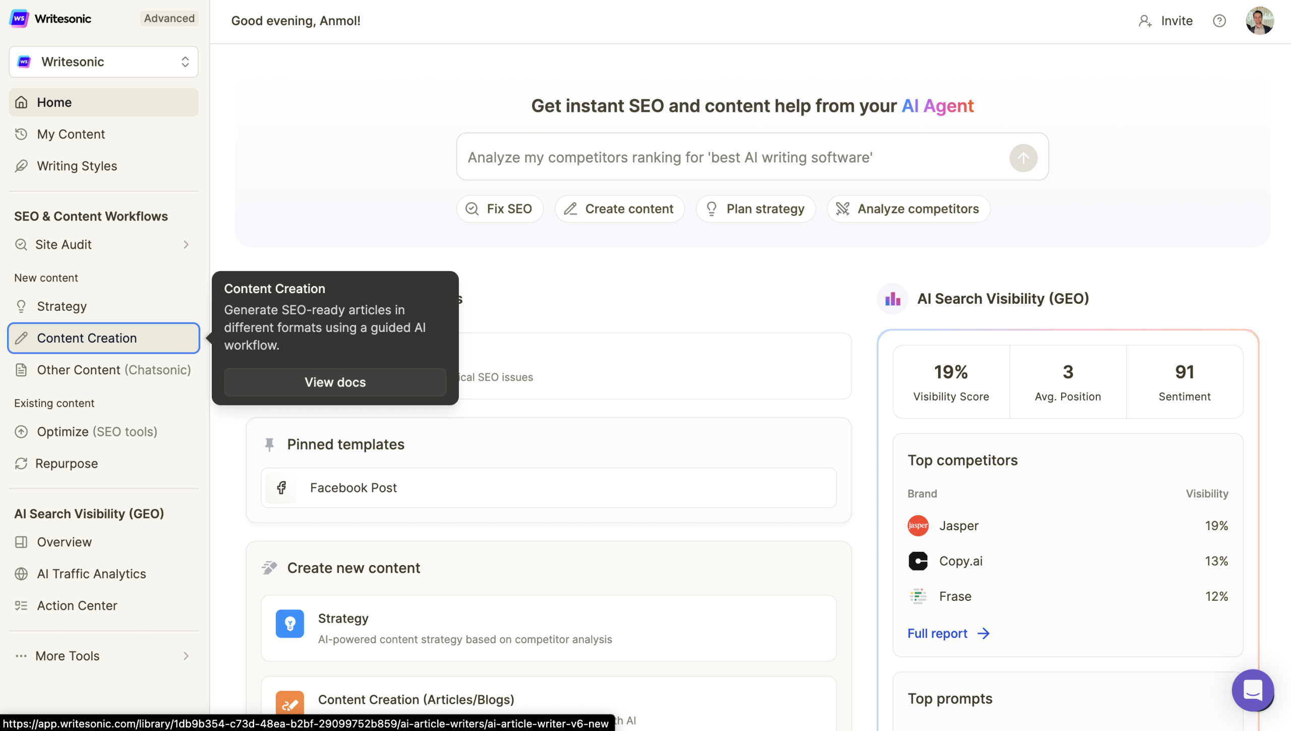 Writesonic dashboard showing Content Creation and AI Search Visibility panels in the left navigation