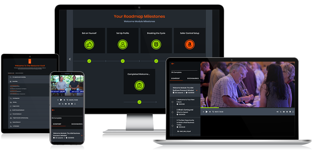 Is Amazing Selling Machine Worth It in 2026? Amazing Selling Machine training platform shown across devices, including course lessons and a dashboard view.