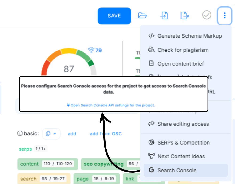 NeuronWriter review screenshot — NeuronWriter integrations Google Search Console prompt in NeuronWriter content editor