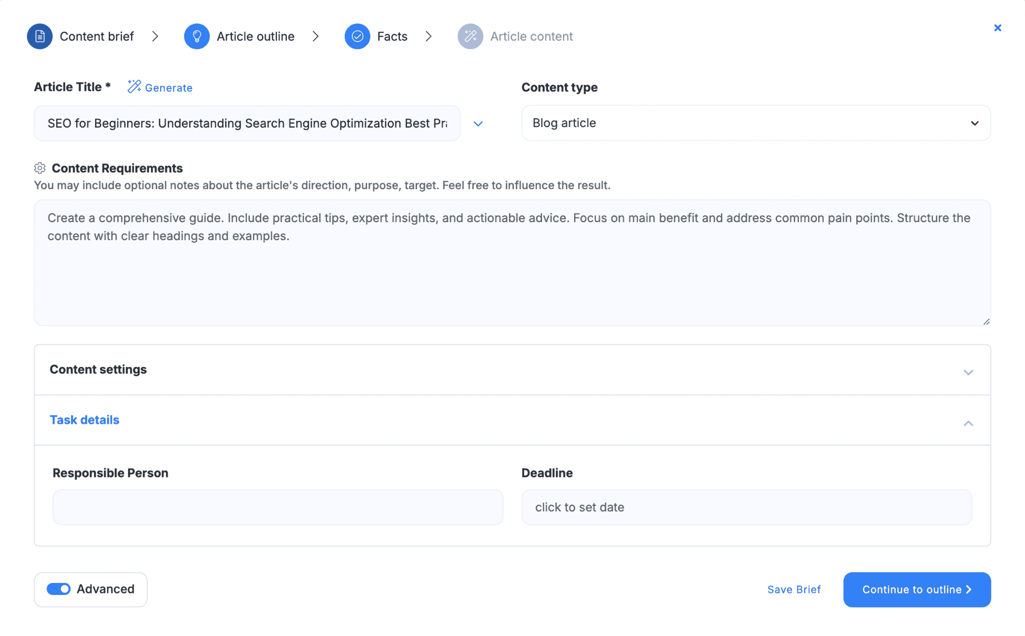 NEURONwriter Content Designer screen showing a content brief step with article title, content type, and content requirements fields
