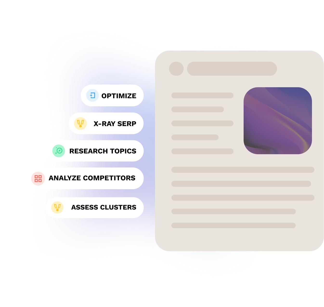 Illustration representing MarketMuse features like Optimize, SERP analysis, competitor analysis, and cluster assessment