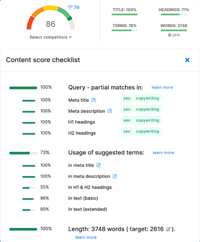 NeuronWriter review screenshot — semantic SEO tool checklist in NeuronWriter content editor and NeuronWriter integrations