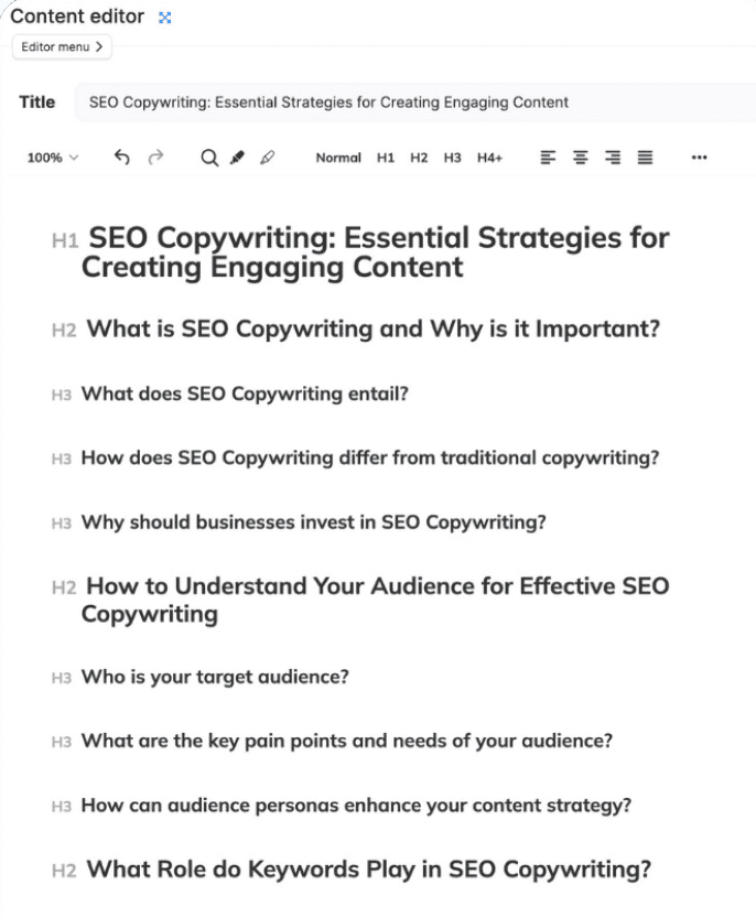 NeuronWriter review screenshot — NeuronWriter content editor headings view for semantic SEO tool structure