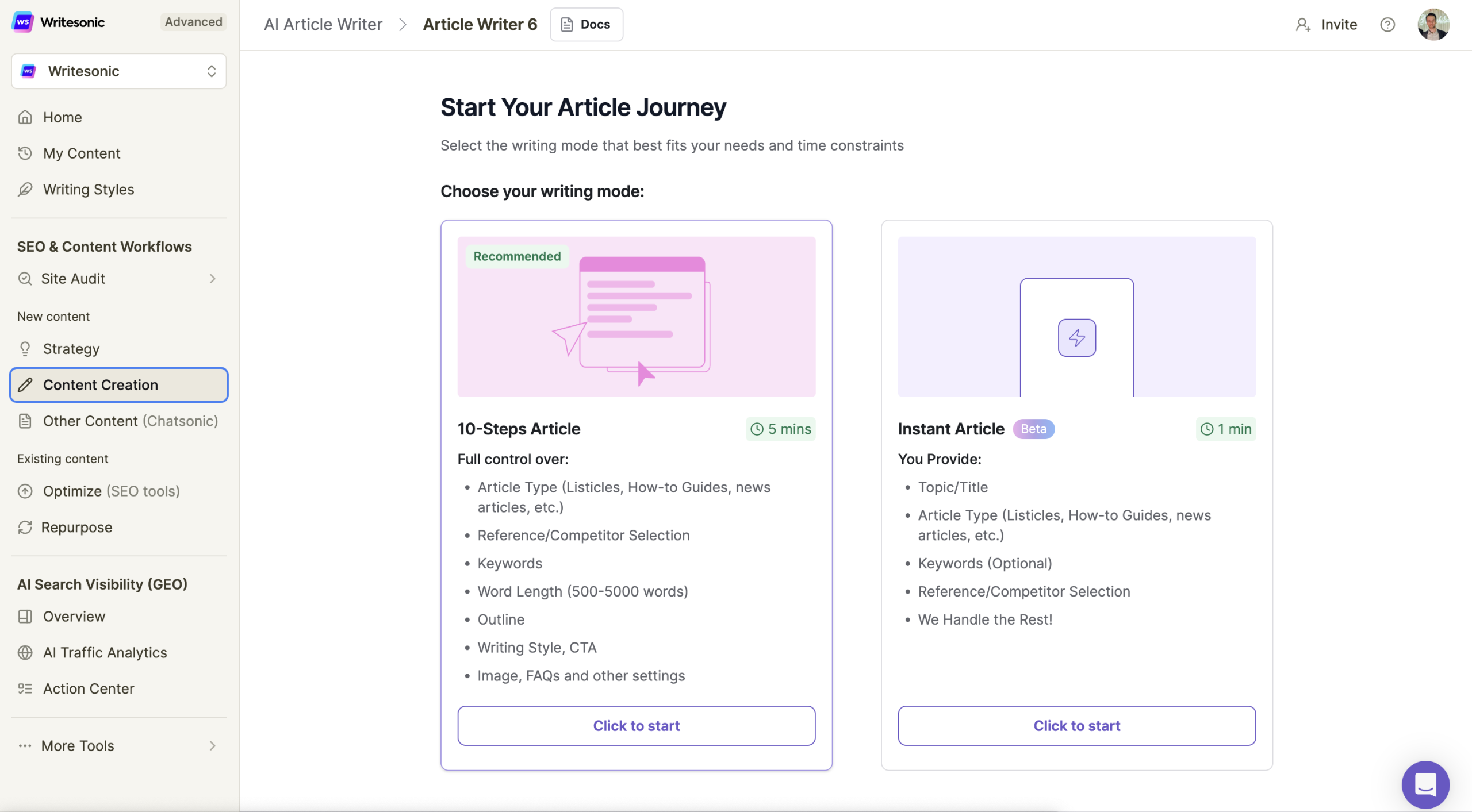Writesonic AI Article Writer screen offering writing modes like 10-step article and Instant Article