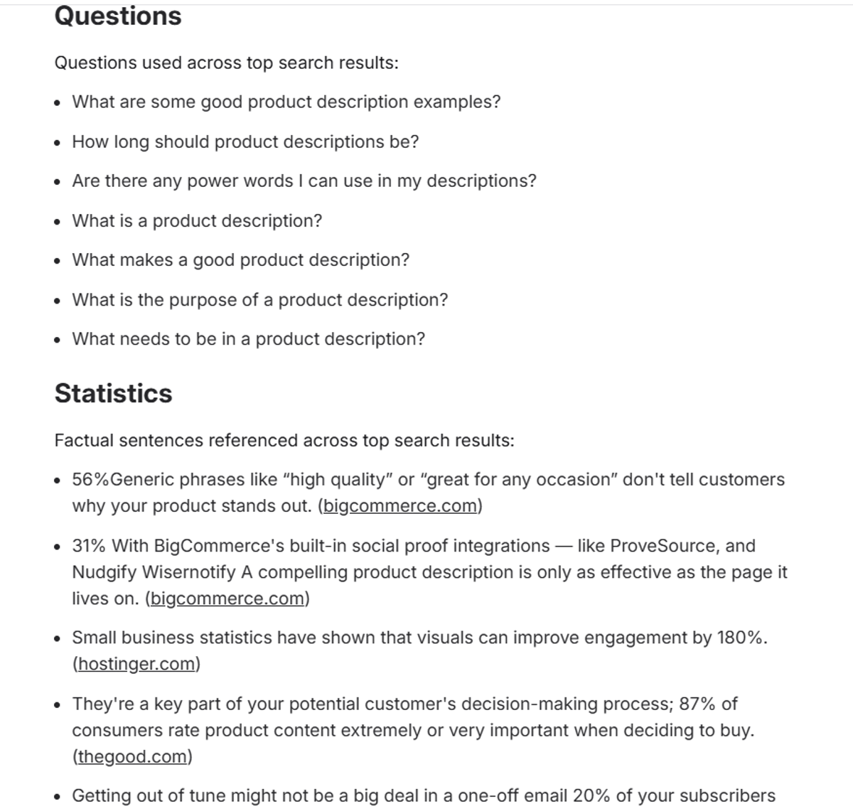 Frase content brief screenshot showing questions used across top search results and a statistics section with cited sources