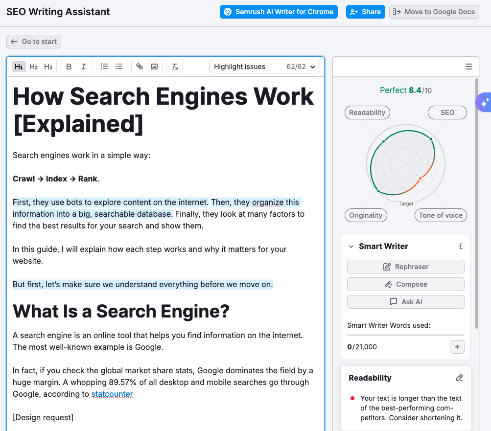 Semrush SEO Writing Assistant editor showing a content score radar chart for readability, SEO, originality, and tone of voice