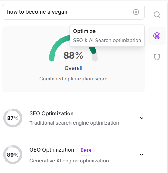 Frase Optimize tab showing a combined optimization score with separate SEO Optimization and GEO Optimization panels