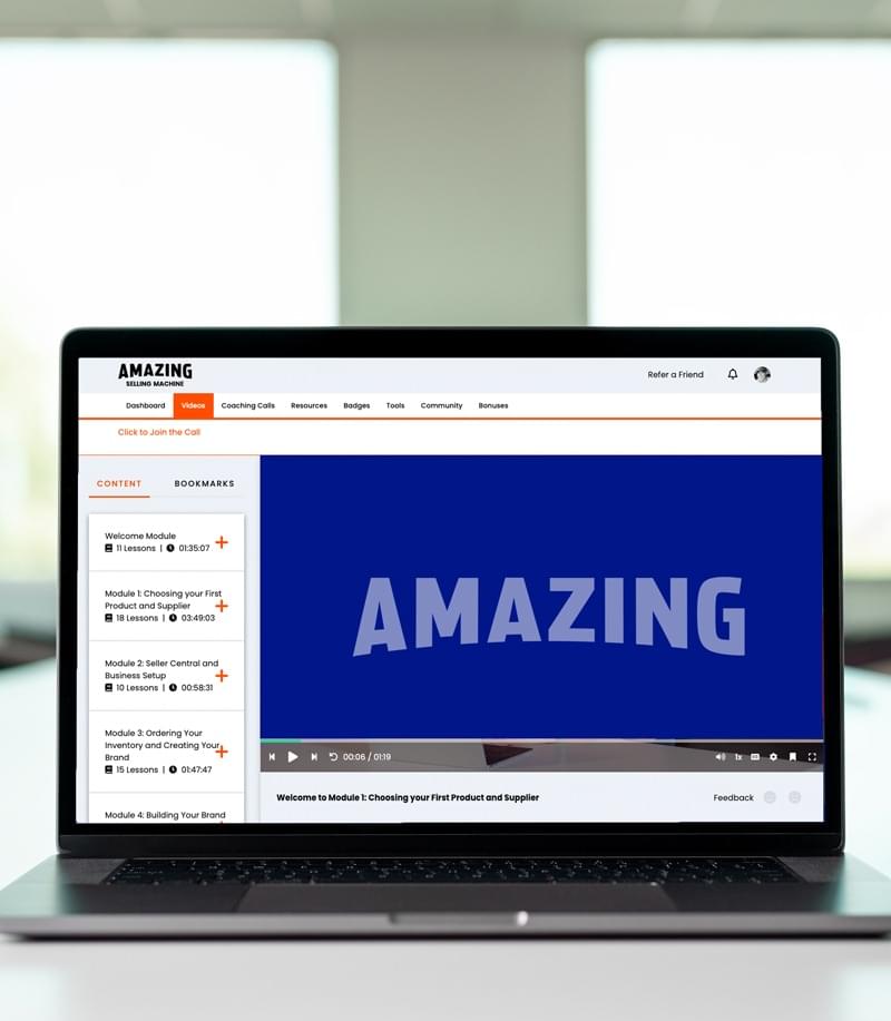 ASM course interface showing lesson navigation and a video module on a laptop screen.