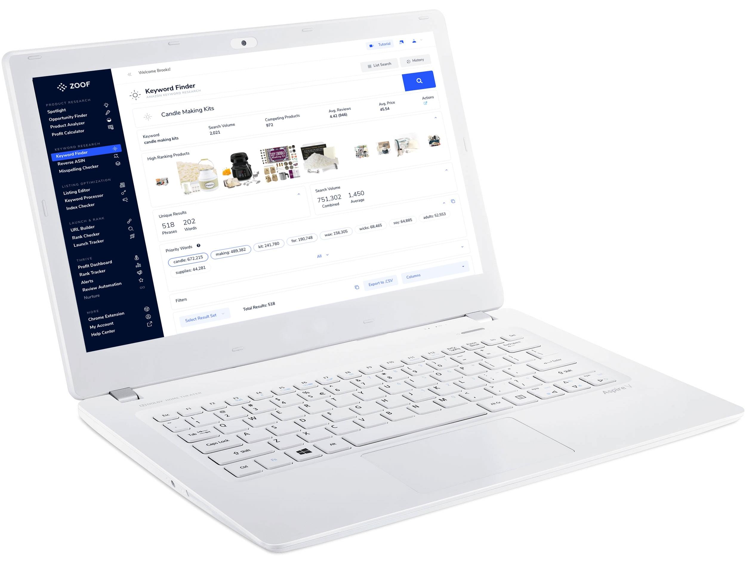 Keyword research tool screenshot shown on a laptop mockup, displaying keyword results and competitor products.