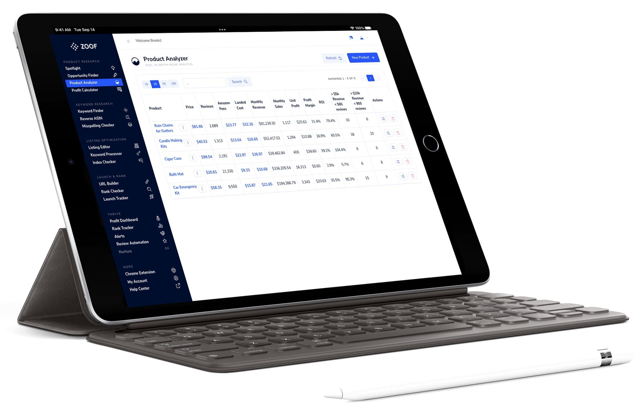 Product analyzer tool screenshot shown on a tablet mockup, listing multiple product opportunities with metrics.